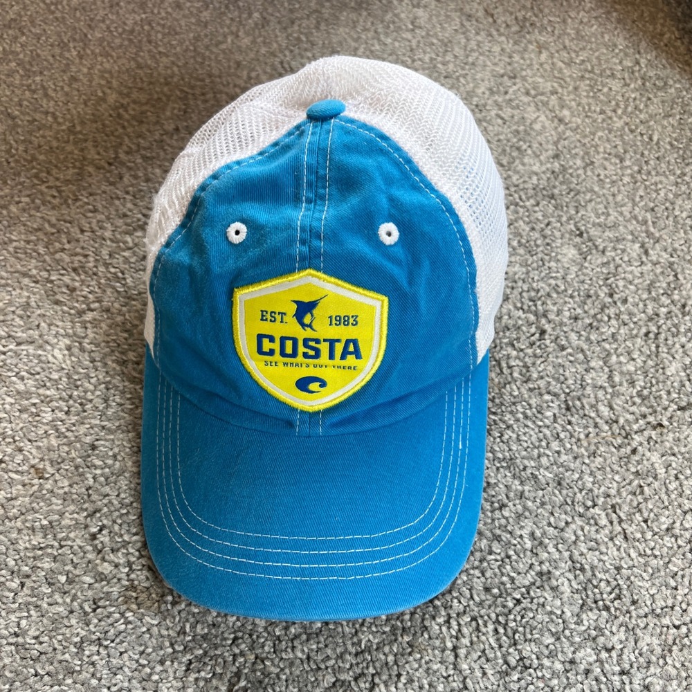 Costa Del Mar Trucker Hat Mens Blue White Mesh Back Fishing Patch Cap vtg y2k